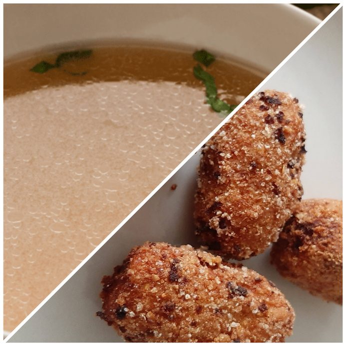 Caldo de pollo y croquetas